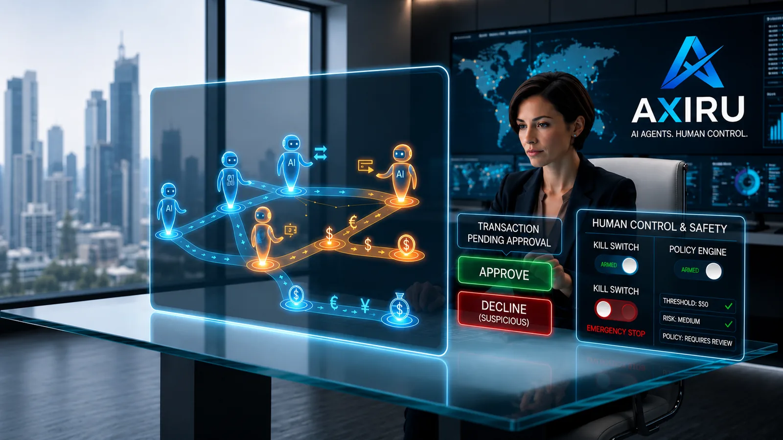 A financial operations console showing an agent payment held for approval, with a policy engine, spend threshold, and kill switch alongside it